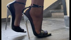 Under my coat: lingerie and classic nylon stockings with extreme high heel sandals