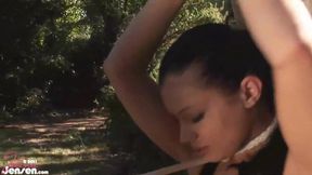 Jelena Jensen dominates busty brunette Aria Giovanni in outdoor femdom session