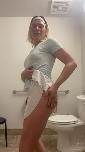 Hot sweaty trans MILF plays with her cock and shows off ass In the gym bathroom after a long hard workout