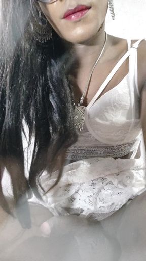 Indian Sissy Cumming in White Babydoll and Eats Own Cum