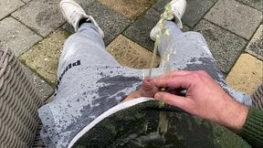 Having a nice warm piss on myself in the backyard