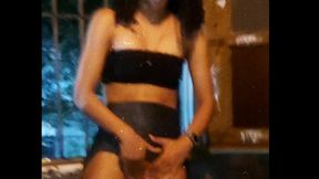 Petite Brazilian slut shows off her pussy in public bar