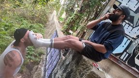 Ashtray, Piss & Feet. Bearded Master Using Fellball