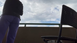 Holding Pee while Sweeping - Girl Wetting Pants on Balcony - Pee desperation wet sweatpants