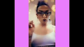 TS Denise Sexy Smoking wearing white crop top braless w highbeams on rock hard nipples