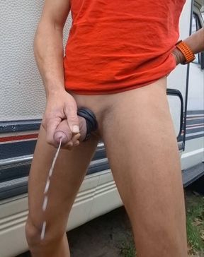 Skinny boy cums too early while trying not to piss. Huge cumshot