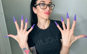 Finger Snapping and Sucking Fingers with Long Purple Nails, Glasses and Face