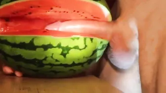 Twink fucks a melon and swallows his own cum after jerking off
