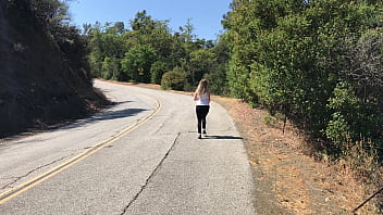 blonde amateur babe Jogging behind the scenes of shooting her outdoor personal trainer creampie movie