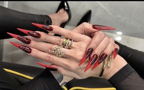 Red Color Long Nails, Sharp Stilettos, Palms, Long Fingers and Hands Worship