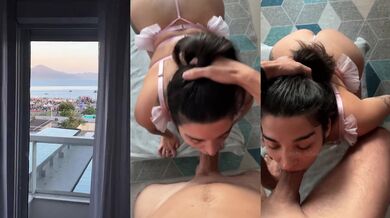 Cute slut sucks dick and gets facial with a rock show crowd in the background