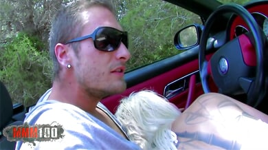 Tattooed blonde Milky Cooper takes it all in the back of a convertible on the roadside