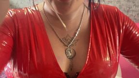valeri in red latex dress pop balloons with big needle