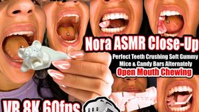 VR 3D 8K | Nora Extreme Close-Up ASMR: Perfect Flawless Teeth Dominating & Crushing Soft Gummy Mice and Chewy Candy Bars Alternately – Intense Wet Smacking Sounds, Open Mouth Chewing, Sensual Mash and Swallow, Teeth Fetish Power Play, Mouth Sounds