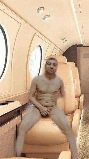 Nude boy masturbation on seat of the virtual Air plane.