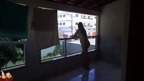 She call her husband a cuckold and humiliates him. She stay naked on balcony for people on street watches her.