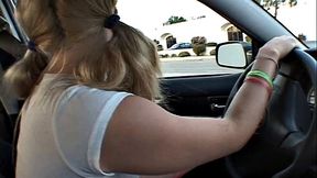 Little Summer with natural tits Fingering in Car