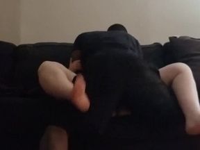 Amateur Fat Footjob and Interracial Quickie on Couch