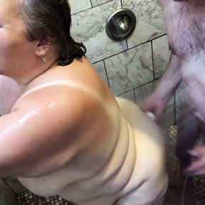 Showering with my Mature BBW MILF with Saggy Tits, Belly TnD