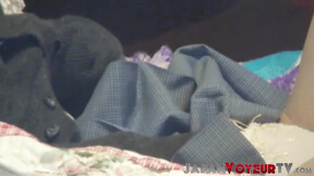 Japanese slut plays with her bushy twat on secret tape