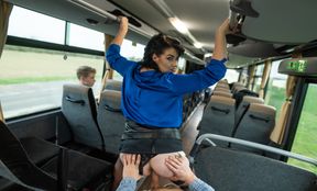 Insolent mature gets intimate with a random dude while in a bus
