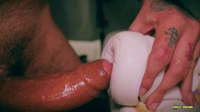 closeup asmr beautiful big uncut cock fucking fleshlight and shooting a big cum load
