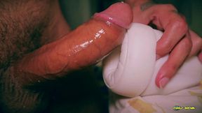 closeup asmr beautiful big uncut cock fucking fleshlight and shooting a big cum load