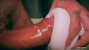 closeup asmr beautiful big uncut cock fucking fleshlight and shooting a big cum load