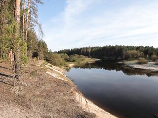 Naked girl walks along the river and forest