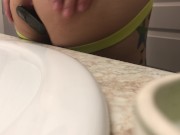 Stretching Shaved Ass with Black Butt Plug in Jock Strap