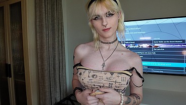 Stunning Blonde Trans GF Spite Takes Huge Cock Before Party
