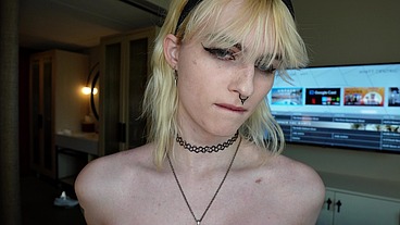Stunning Blonde Trans GF Spite Takes Huge Cock Before Party