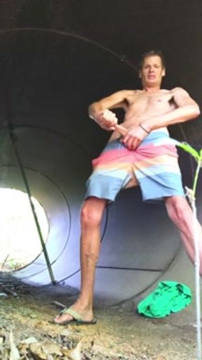 Public stroking monster cock in a culvert huge load
