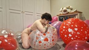 Big heart print balloon blow up and humping - FTM - valentines balloons