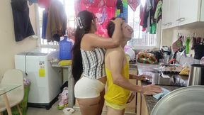 Beautiful busty stepdaughter has sex with her stepfather in the kitchen