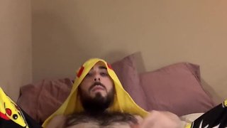 Furry white otter teases hairy ass with gaming controller while wearing onesie pajamas