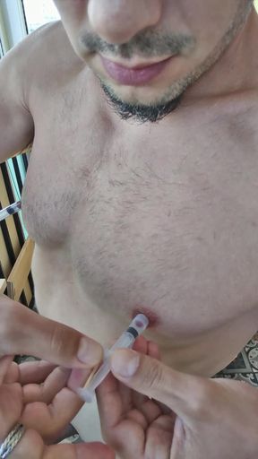 Homemade nipple clamps gets him off