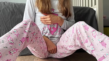 horny teen 18yo small tits in pajama fingering pussy and big squirt orgasm closeup