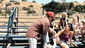 Two sexy babes share cock and pussy in the lockerroom shower