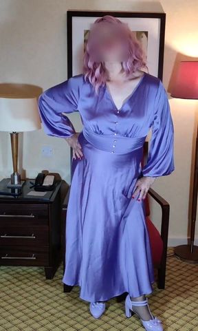 Sexy crossdresser in long vintage satin gown