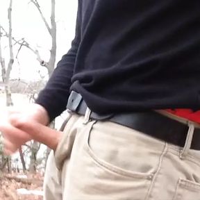 Public jerking in the woods by the lake, good cumshot and orgasm. Wearing my AE boxers and showing some waistband