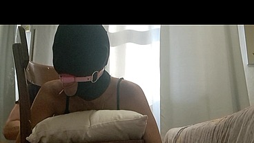 Chairtied, hooded and ballgagged I take a big cock on all my holes