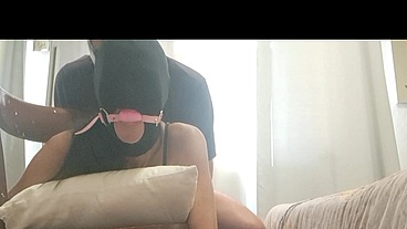 Chairtied, hooded and ballgagged I take a big cock on all my holes