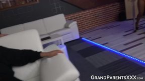 Granny gets lucky with big cock while teen strippers dance