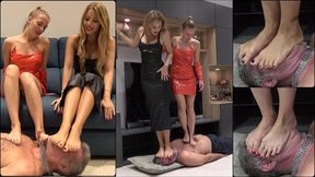 GODDESS GABRIELLA & PRINCESS SOPHIE - Playing with the footslave - HARD face standing, foot smothering, foot domination