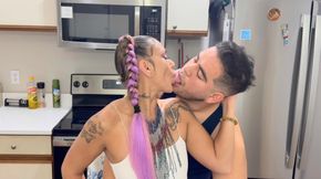 Pink Hair Asian MILF Sinderella Soles Tongue Kissing Session at Kitchen Sink with Latino Boyfriend | Sexy Tongue Sucking Kiss