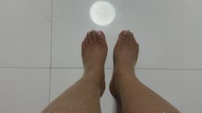 wearing Skintone fishnets asian toe Flexing and soles