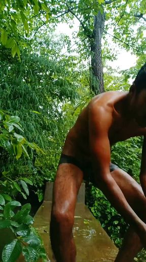Indian boy Jordiweek first time nude bathing in public outdoor catch a big cock   Clip 1