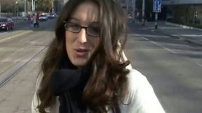 Shy four-eyed brunette goes crazy while seeing my cock