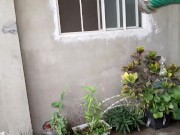 Handsome sexy man yard bathes for everyone to see